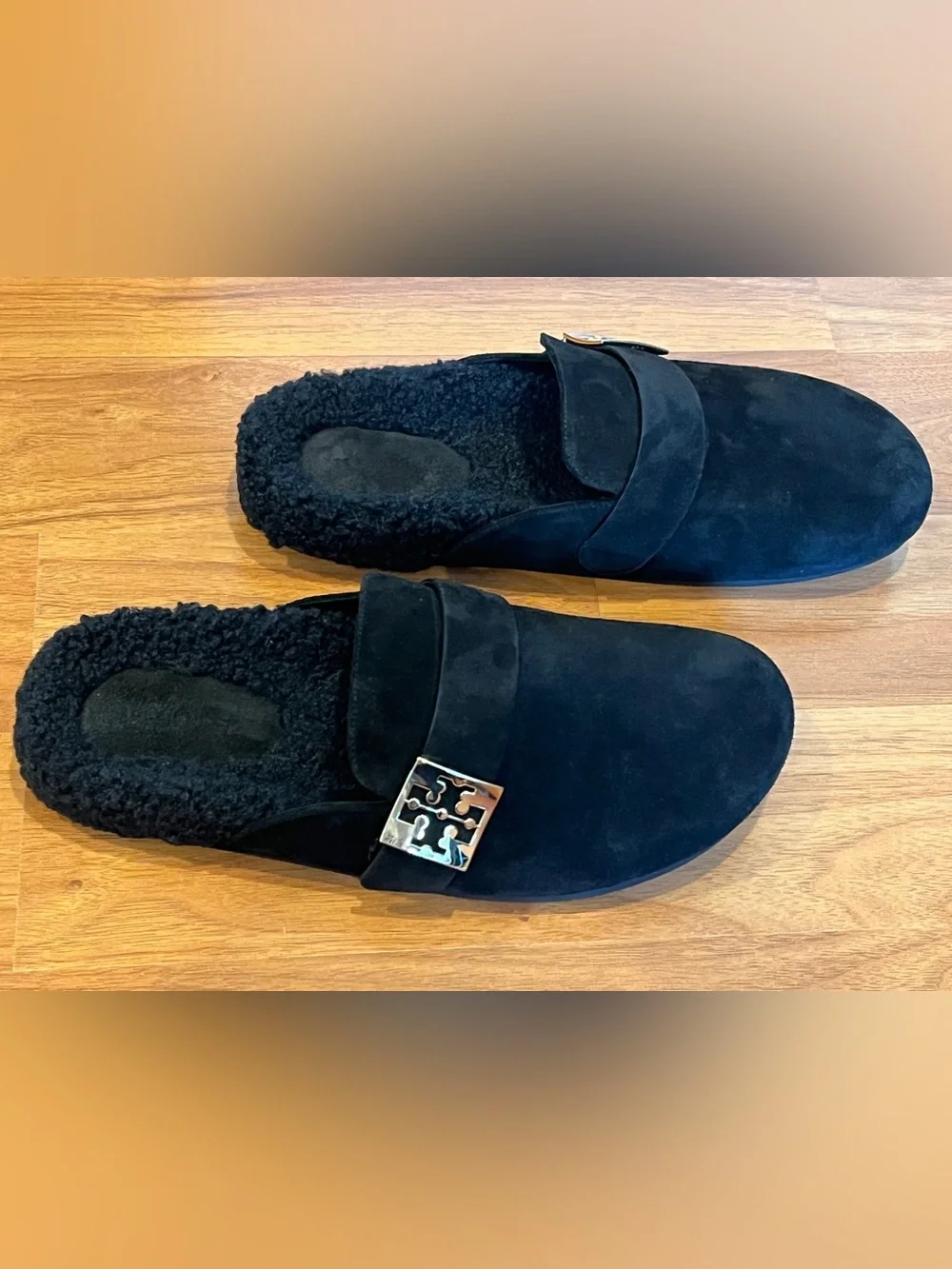 Tory Burch Black Suede Shearling Mellow Mules - size 10 - NWOB
